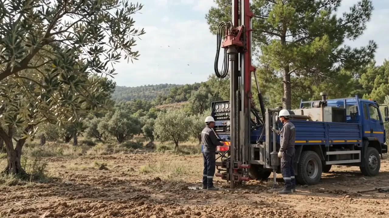 Zeytinlik bir arazide kamyona monteli sondaj makinesiyle zemin sondajı yapan saha ekibi